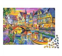 Pueblo francés Junto al río Puzzle de 1000 Piezas para Adultos Atardecer Colorido Juego de Puzzle 1000 Piezas Relajante 52x38cm/1000pcs