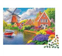 Pueblo Holandés con Molino de Viento Puzzle de 1000 Piezas Papel para Adultos Jardín Junto al Río Juego de Puzzle Relajación Hogar Regalo 70x50cm/1000pcs