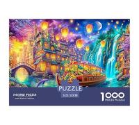 Pueblo Iluminado por faroles, Barco, Delfines en el río Puzzle De 1000 Piezas delfín Juego Desafiante para Hombres, Mujeres Y Ancianos 52x38cm/1000pcs