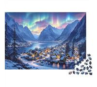 Pueblo Invernal con Aurora Jigsaw Pueblo bajo la Aurora Boreal Puzzle Mil Piezas Papel para Entusiastas - Resistente A Doblar Ocio Decoración 52x38cm/1000pcs