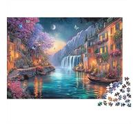 Pueblo Junto al Lago Puzzle de 1000 Piezas Papel para Adultos Cascada Nocturna Juego de Puzzle 1000 Piezas Relajación Decoración Hogar 52x38cm/1000pcs