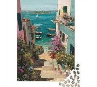 Pueblo Mediterráneo Frente al Mar Puzzle de 1000 Piezas Papel para Adultos Calle Colorida con Flores Juego de Puzzle Familia Relajación Hogar 52x38cm/1000pcs