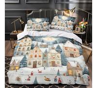 Pueblo navideño Funda de Edredón Juego de 3 Piezas Suave Diseño 3D Cremallera Oculta incluye Fundas de Almohada Transpirable Cuento de hadas de invierno Funda Edredon for niña Single（140x200cm）