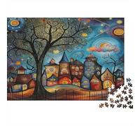 Pueblo Nocturno Caprichoso, Pueblo Fantástico y Colorido con Árbol Desnudo, Rompecabezas de 1000 Piezas para Adultos y Niños, Un Desafío para la Mente, 52x38cm/1000 Piezas