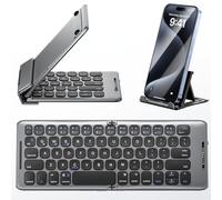 PuechAxe Teclado Bluetooth plegable, teclado portátil inalámbrico plegable con soporte, teclado de viaje de tamaño completo para Windows, iOS, Android, tablet, smartphone, laptop, PC, gris-B088