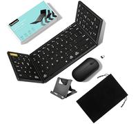 PuechAxe Teclado y mouse plegables, teclado inalámbrico plegable portátil de tamaño completo, 2.4G + BT5.0 x 2, teclado de viaje Bluetooth recargable y mouse para laptop, iPad, tableta