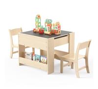 Puecrof Escritorio infantil 4 en 1 con 2 sillas - Mesa de actividades de madera de abedul con pizarra blanca reversible y pizarra de tiza, 3 compartimentos de almacenamiento para niños para pintar