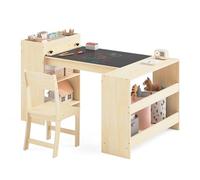 Puecrof - Mesa de arte infantil y 1 silla, con rodillo de pintura y almacenamiento, juego de mesa de madera regulable en altura para niños pequeños, mesa de actividad para niños, para pintar, leer