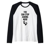 Puede Dejar de Preguntar Ahora Anuncio de Embarazo de revelación de género Camiseta Manga Raglan