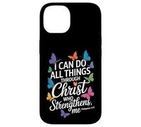 Puedo hacer todas las cosas a través de Cristo Mariposa Fe Carcasa para iPhone 14