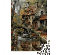 Puente cabaña otoño 1000 Piezas Cartón Mate Art casa Puente Piedra Rompecabezas Familiar para Adolescentes Fácil De Agarrar Actividad Familiar Ecológico 70x50cm/1000pcs