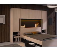 Puente de cama con compartimentos - Con LEDs - Ancho 265 cm - Color: natural y negro - VELONA