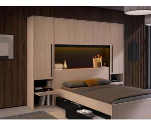 Puente de cama con compartimentos - Con LEDs - Ancho 265 cm - Color: natural y negro - VELONA