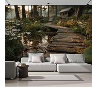 Puente Madera Sobre Un Arroyo Papel Tapiz Fotográfico, Papel Pintado Pared Dormitori 350Anx256Al cm, Fotográfico Decorativo Pared Paisaje Forestal 3D, Mural Tela de Seda Marrón, Antiestático