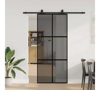 Puerta corredera con herraje, color negro, 90 x 205 cm, cristal templado | Vidrio templado, marco de aluminio resistente a la corrosión, vidrio de privacidad oscuro, tapón silencioso