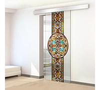 Puerta corredera del vidrio, para interior, pintada a mano modelo DOHA MEDALION, naranja 95x215 cm (60/85/95 cm) Vidrio Transparente de 8 mm, kit completo de herrajes (95x215 cm, DERECHA)