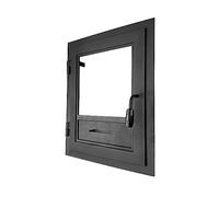 Puerta de ahumadero de una Hoja de 50 x 70 cm, Puerta de Chimenea con Vidrio para Horno de Pizza, Hierro Fundido. Sentido de Apertura: Izquierda | El Mango está a la Derecha.