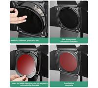 Puerta de granero Godox BD-04 con rejilla de panal y filtro de gel de 4 colores