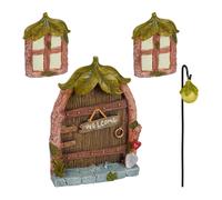 Relaxdays Decoración Árbol Puerta Hadas, Set de 4 Piezas, 2 Ventanas, 1 Farol, Resistente a la Intemperie, Multicolor