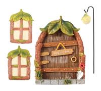 Puerta de hadas jardín hadas, puerta mística miniatura para tronco de árbol, accesorios de jardín de hadas verdes con puerta y ventana, mini escultura de patio de resina, adorno artístico de césped