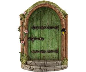 Puerta de hadas verde en miniatura de madera para jardín, puertas al aire libre, mini hadas, gnomo, accesorios para casa de gnomo, adornos de tronco de árbol, miniaturas de jardín, esculturas y