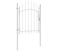 Puerta de Jardín Blanca de Acero, Puerta Exterior con Cerradura y Postes, Diseño Arqueado y Resistente a la Corrosión, Ideal para Cercas de Jardín, Patio o Terraza, Color Blanco, 1 x 1.75 m