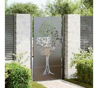 Puerta de jardín negra 100 x 175 cm, acero recubierto de polvo con diseño de árbol cortado a láser, resistente a la corrosión, resistente a la intemperie, incluye cierre de cerrojo para jardín y