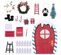 Puerta Elfo Navidad 17 Piezas,Puerta Elfos Navideños Adornos Navidad,Elfo Puerta Accesorios Navidad,Decoración De Navidad con Buzones en Miniatura,Vallas,Escalera,Botas,Buzón,Escoba,Guirnalda