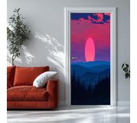Puerta Mural 3D Estilo Silueta Puesta De Sol 85x215 cm Púrpura Autoadhesivo Dormitorio Sala De Estar Baño Cocina, Calcomanía Arte Pegatina Puerta Película Cartel Impermeable