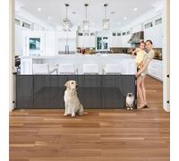 Puerta retráctil para bebés de 120 pulgadas de ancho con puerta para gatos, puerta retráctil extra ancha para gatos para puerta de interior, puerta de malla para bebés con barras de apoyo para evitar