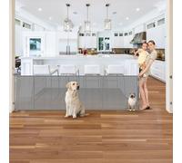 Puerta retráctil reforzada de 120 pulgadas de ancho para perros con puerta para gatos, puerta extragrande para bebés con barras de apoyo para evitar que se arrastre debajo y raye la puerta de malla