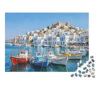 Puerto Isla Griega Difícil Rompecabezas de 1000 Piezas para Adultos Pueblo de Pesca de Encantadora Isla Mediterránea Premium Robusto Vibrante Desafiante Alivio de Estrés 52x38cm/1000pzs