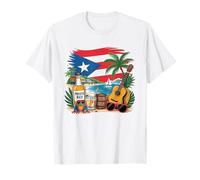 Puerto Rico Beach Scene Botella Ron Guitarra Rana y Bandera Arte Camiseta