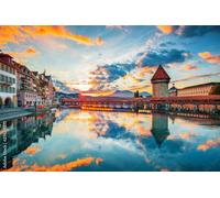 Puesta De Sol, Centro Histórico De Lucerna, Puente De La Capilla, Lago Carteles De Pared De Metal Retro Pared Muestra Placa Decoración Letrero De Estaño para Hogar Salón Tienda 20X30Cm