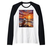 Puesta de Sol Colorida del Perro Collie estándar en la Playa Obra de Arte Camiseta Manga Raglan