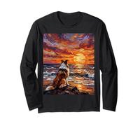 Puesta de Sol Colorida del Perro Collie estándar en la Playa Obra de Arte Manga Larga