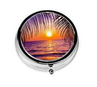 Puesta de sol en el océano con palmeras tropicales, paisaje crepuscular, pastillero, pastillero cuadrado para bolsillo o monedero, pastillero pequeño, organizador de pastillas de viaje