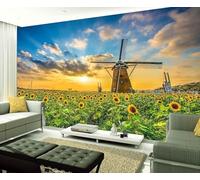 Puesta De Sol Molino De Viento Girasoles Flores Paisaje 3D Papel Pintado Pared Fácil Instalación Oficina Sala Estar Sofá Dormitorio TV Fondos Decoración-350cm×256cm