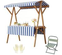 Puesto de Mercado de Madera con Toldo, Carrito de Venta Plegable con Ruedas y Silla para Rastrillos, Carga de 300kg, H190cm(Blue,144x60x190cm/56x24x75in)