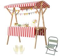 Puesto de Mercado de Madera con Toldo, Carrito de Venta Plegable con Ruedas y Silla para Rastrillos, Carga de 300kg, H190cm(Red,144x60x190cm/56x24x75in)