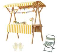 Puesto de Mercado de Madera con Toldo, Carrito de Venta Plegable con Ruedas y Silla para Rastrillos, Carga de 300kg, H190cm(Yellow,144x60x190cm/56x24x75in)