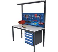 Puesto de trabajo completo, de altura regulable con 4 cajones, panel perforado, riel para cajas, repisa