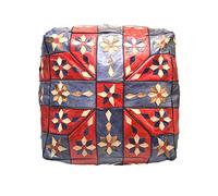 Puf Marroquí de Cuero, 42 x 42 x 28 cm, Pouf reposapies Mesa Asiento Decorativo Oriental sin Relleno, Taburete Étnico (Azul/Rojo)