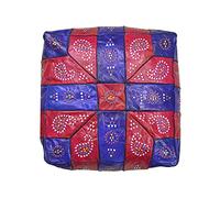 Puf Marroquí de Cuero, Diseño Étnico Rojo y Azul, 42 x 42 x 28 cm, Asiento, reposapies, Mesa,Taburete Decorativo Oriental con Relleno