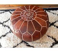 Puf marroquí | Hermosa funda para reposapiés de piel auténtica hecha a mano de Marruecos | Marrón oscuro con puntada blanca | Viene sin relleno (marrón tabaco)