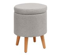 Puf otomano de lino gris con reposapiés redondo para sofá, dormitorio, taburete de maquillaje con patas de madera, elegante solución de almacenamiento, 35 cm