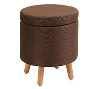 Puf otomano de lino marrón redondo de almacenamiento para sala de estar, dormitorio y tocador con patas de madera de 32 cm, elegante silla decorativa