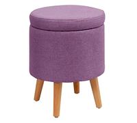 Puf otomano redondo de lino morado para almacenamiento para sofá, dormitorio, taburete de maquillaje con patas de madera, 32 cm, elegante decoración del hogar