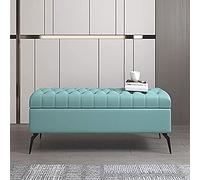 Puf rectangular de almacenamiento otomano de madera maciza con banco tapizado de cuero para dormitorio, color marrón claro y azul, 100 x 40 x 45 cm y 80 x 40 x 45 cm, elegante y funcional