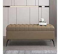 Puf rectangular de almacenamiento otomano de madera maciza con compartimento oculto, banco tapizado de cuero para dormitorio, color marrón claro, 100 x 40 x 45 cm, elegante solución de almacenamiento
